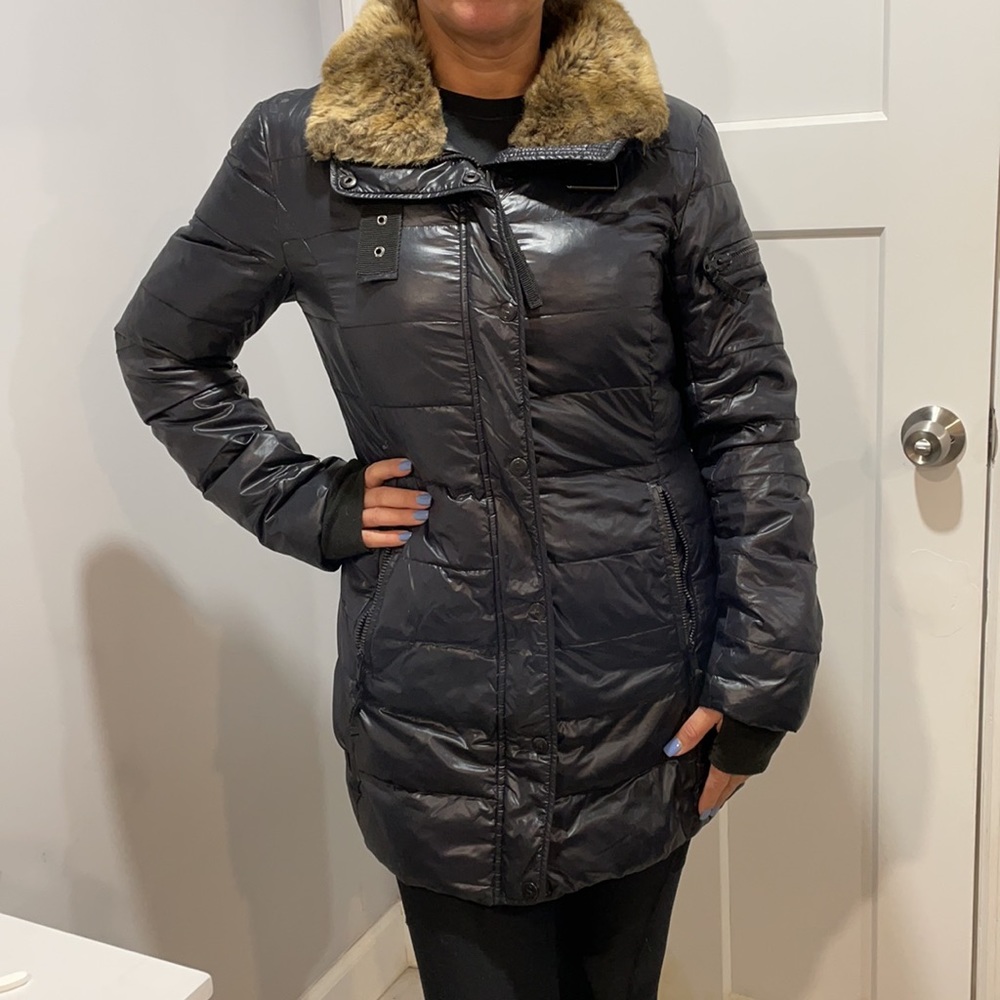 Chelsea high shine faux fiur trim down puffer coat